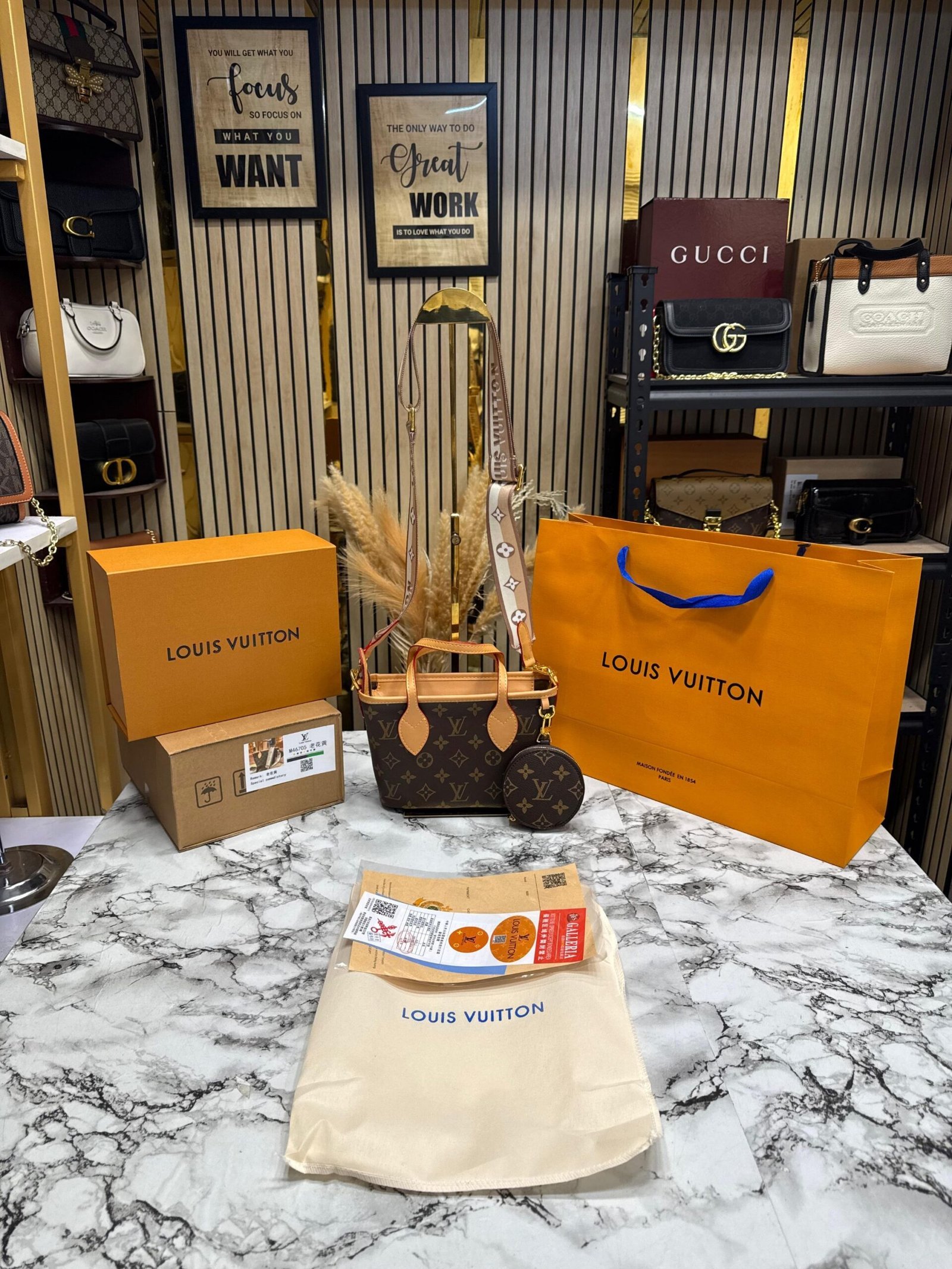 LOUIS VUITTON PREMIUM MINI NEVERFULL BAG WITH OG DOUBLE BOX AND CARRY BAG
