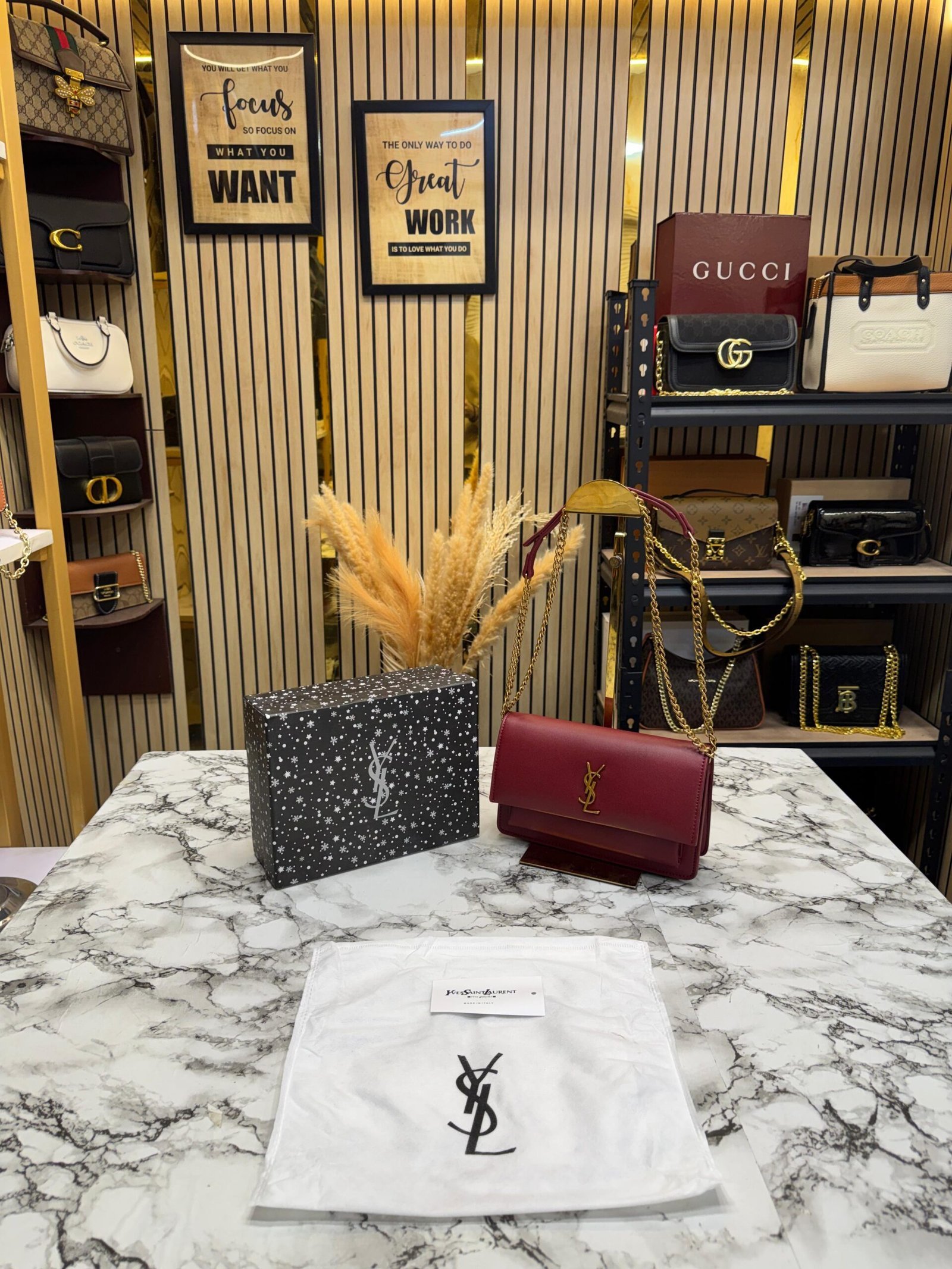 YSL SAINT LAURENT SUNSET PREMIUM SHOULDER BAG WITH OG BOX (blood red )
