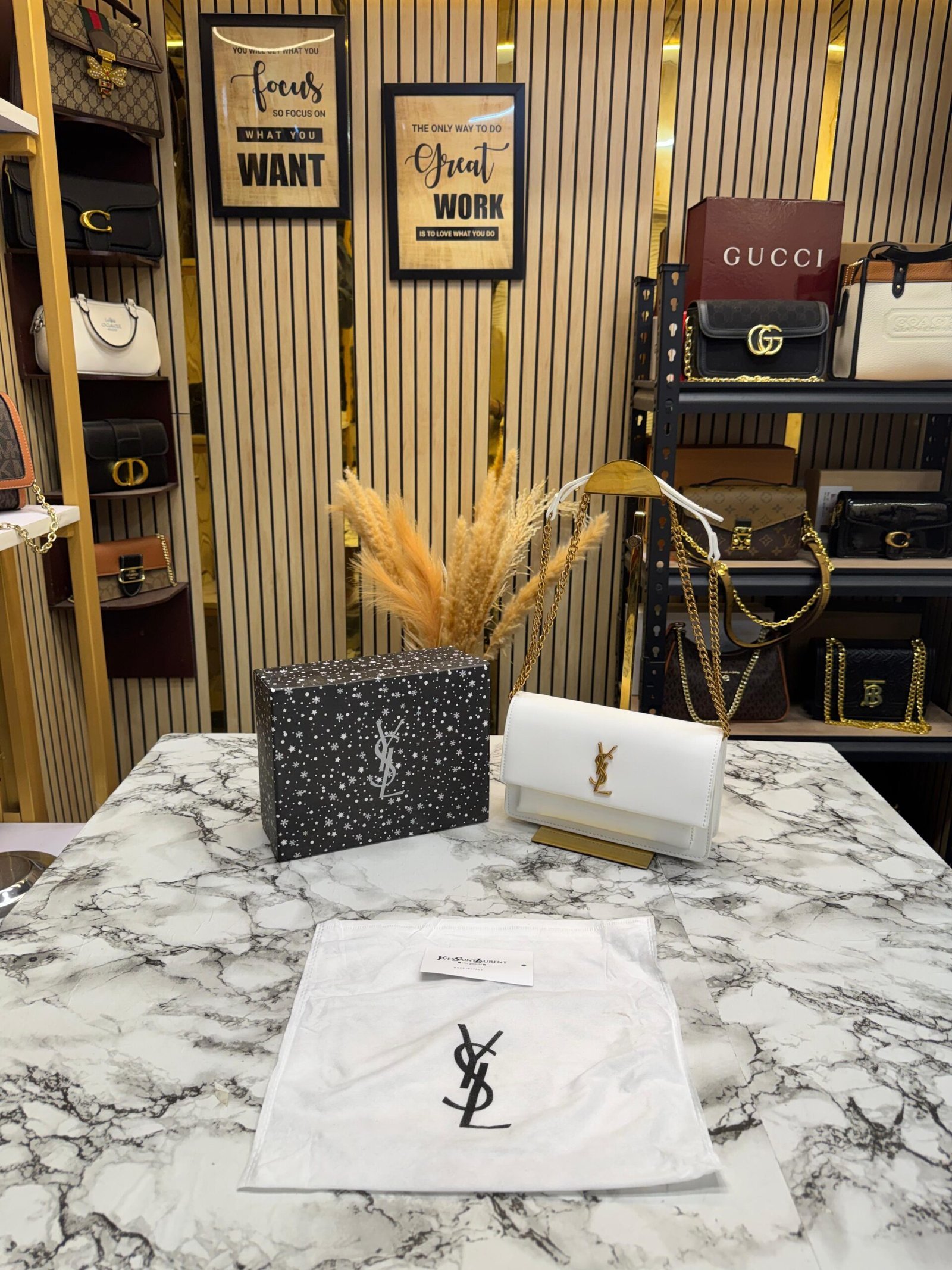 YSL SAINT LAURENT SUNSET PREMIUM SHOULDER BAG WITH OG BOX (white)