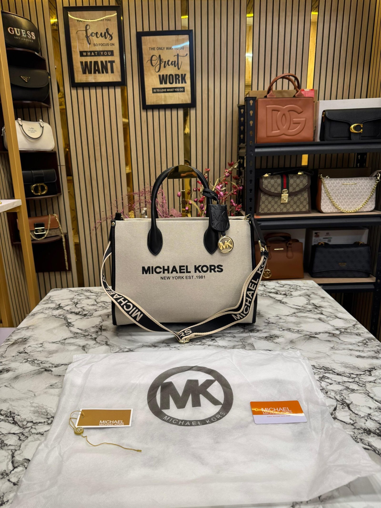 MICHAEL KORS MIRELLA TOTE BEIGE BLACK WITH ORIGNAL DUST BAG AND CARRY BAG