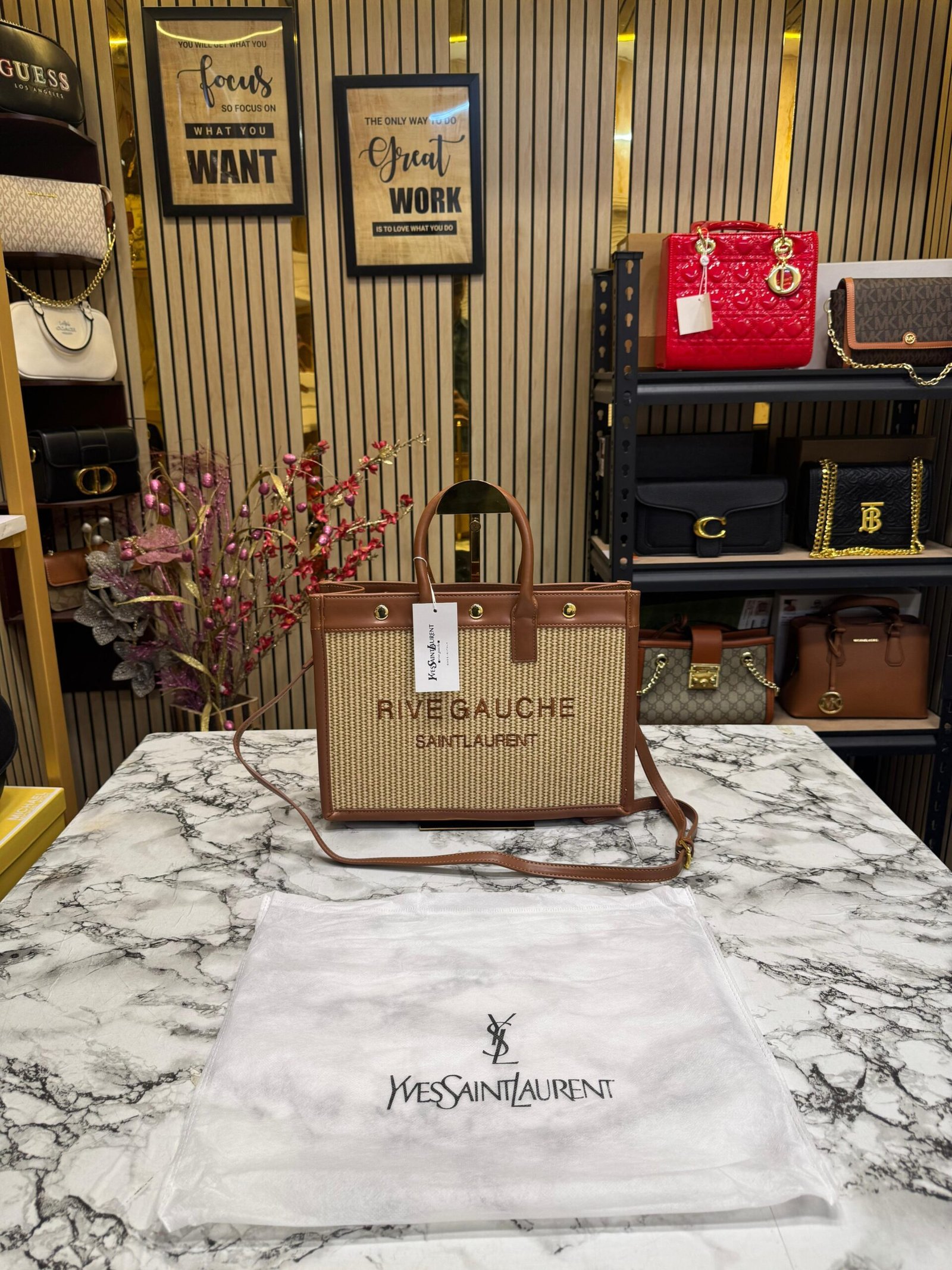 YSL RIVE GAUCHE PREMIUM TOTE BROWN BEIGE